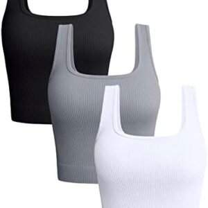 OQQ Women's 3 Piece Tank Tops Ribbed Seamless Workout Exercise Shirts Yoga Crop Tops