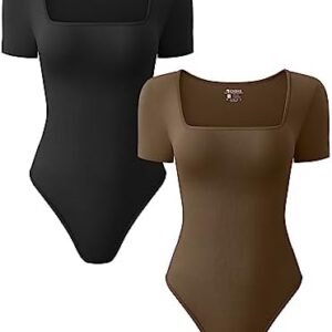 OQQ Women's 2 Piece Bodysuits Sexy Ribbed One Piece Square Neck Short Sleeve Bodysuits