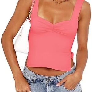 REORIA Women Sexy Ruched Sweetheart Neck Backless Sleeveless Side Split Going Out Y2K Trendy Cropped Tank Tops