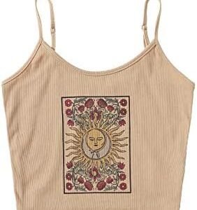 SOLY HUX Women's Spaghetti Strap Floral Sun Graphic Print Ribbed Knit Crop Cami Top
