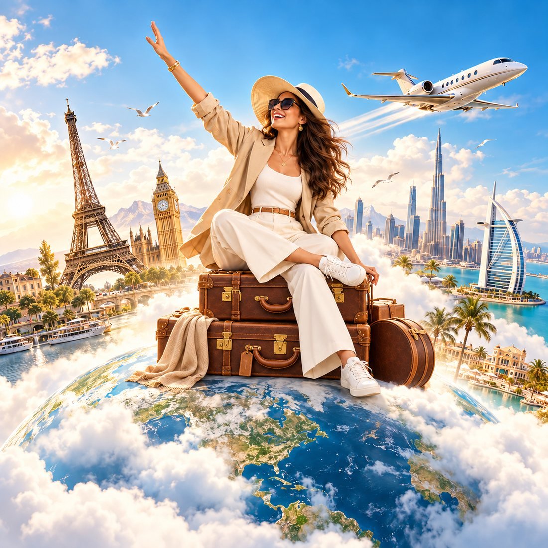 Happy woman traveler sitting on vintage luggage atop the globe with Eiffel Tower, Big Ben, Burj Khalifa and a private jet - Goldencrownz luxury travel